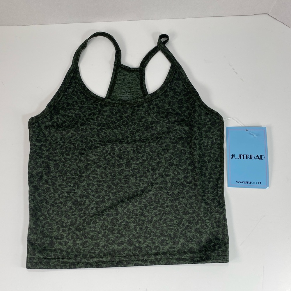 Fleo Size XS Switch Up Crop Tank Top Black and Green Leopard Print  NWT.